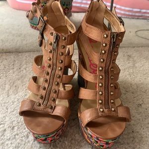 Brown and colorful wedges and zippers